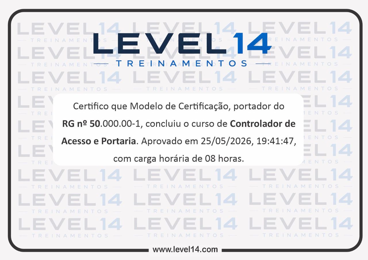 Exemplo de certificado Level 14 Treinamentos — frente