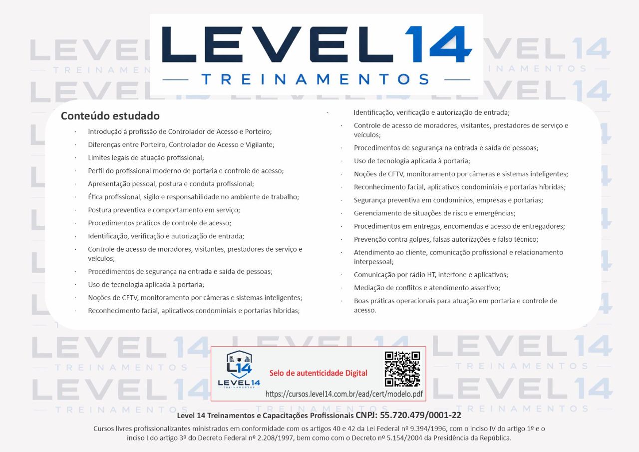 Exemplo de certificado Level 14 Treinamentos — verso