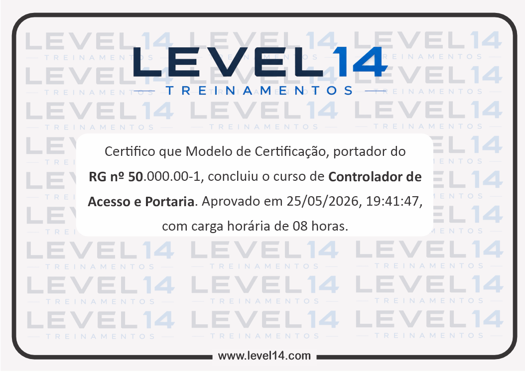 Exemplo de certificado Level 14 Treinamentos — frente