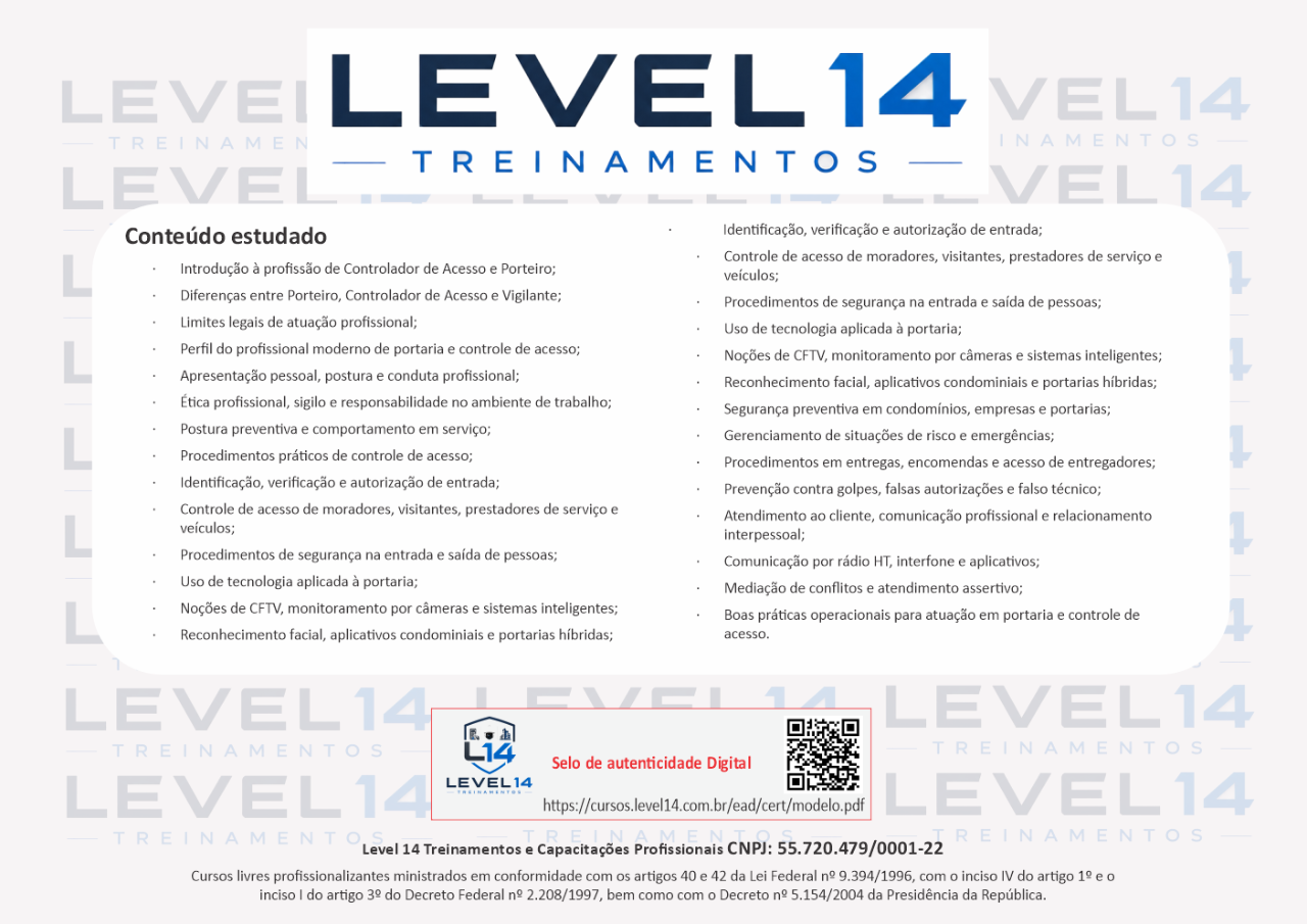 Exemplo de certificado Level 14 Treinamentos — verso